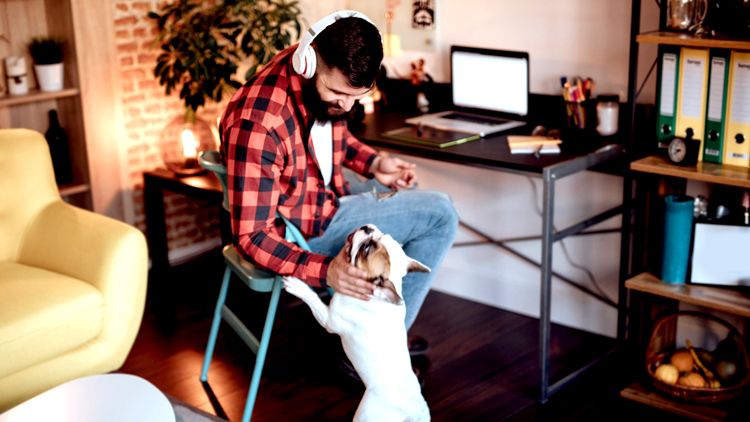 Man at home petting a dog